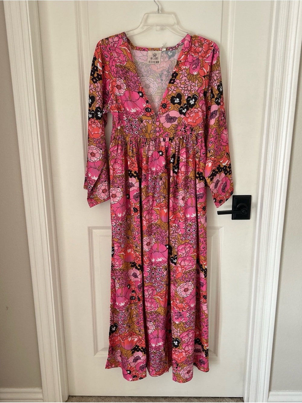 Blue Boheme Hawaii Floral Maxi Dress Long Sleeve V Neck Pink S/M Boho Hippie NWT